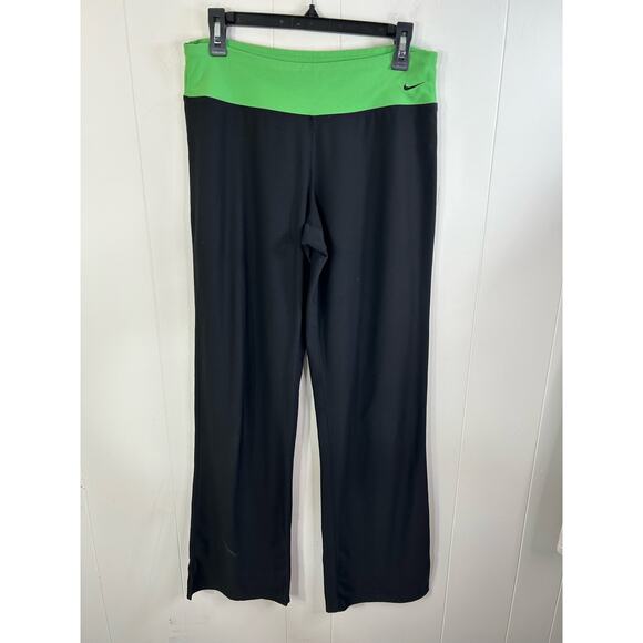 Nike Straight Leg black leggings in full length with green waistband Size M - Picture 1 of 5